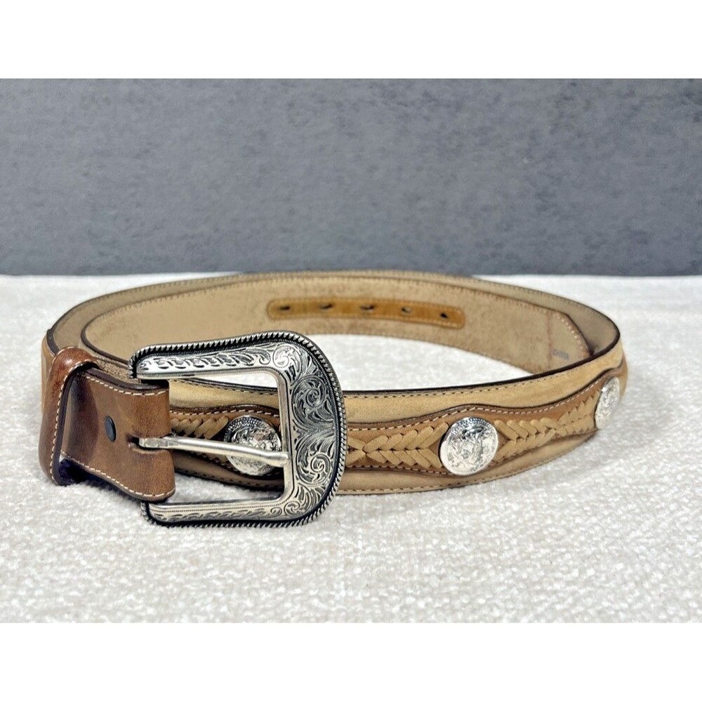 Tony Lama Belt 42 Brown Leather Scalloped Braided Pattern 7279L Chrome